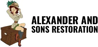 A brown and white logo of alexandre sons restoration