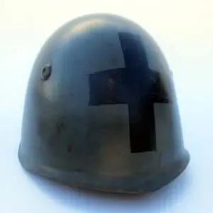 A helmet with a cross on it's side.