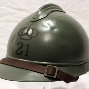 A green helmet with the number 2 1 on it.