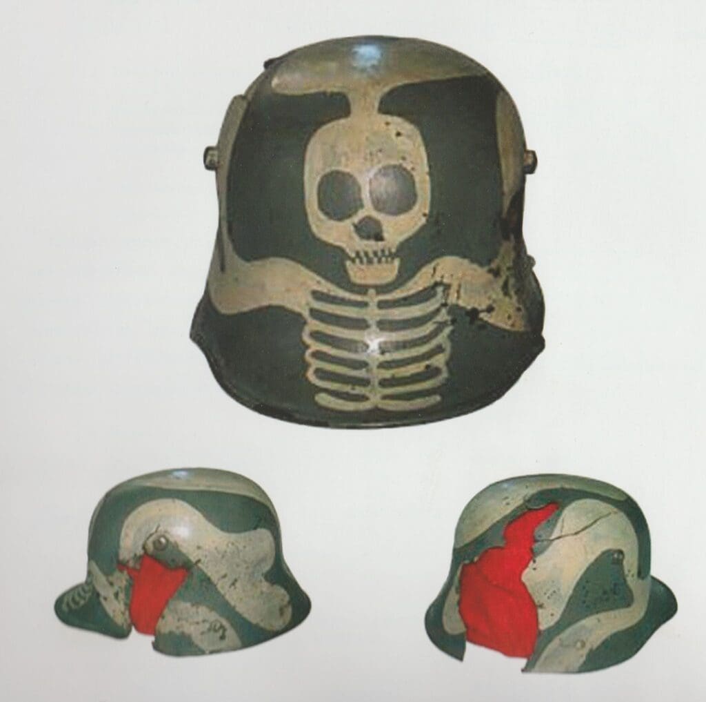 A helmet with a skeleton painted on it.