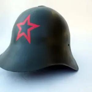 A black helmet with red star on it.