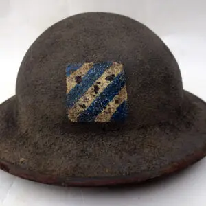 A brown hat with a blue and yellow stripe on it.