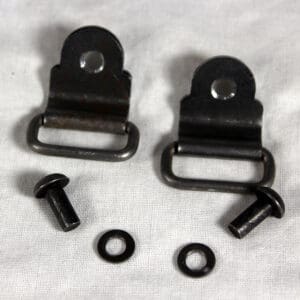 A pair of black metal straps with two small screws and one large screw.